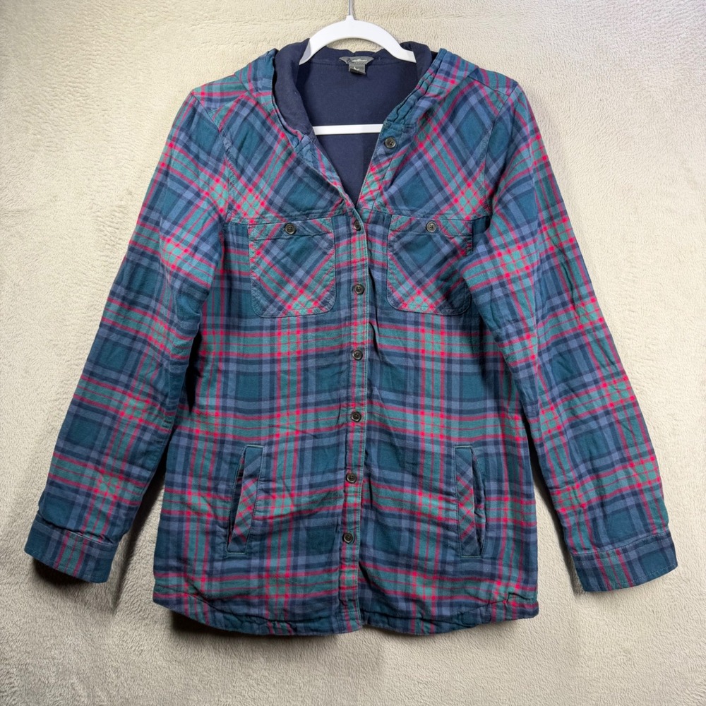 Eddie Bauer Hooded Flannel Shirt Women M Tall Teal Red Plaid Cabincore Outdoor